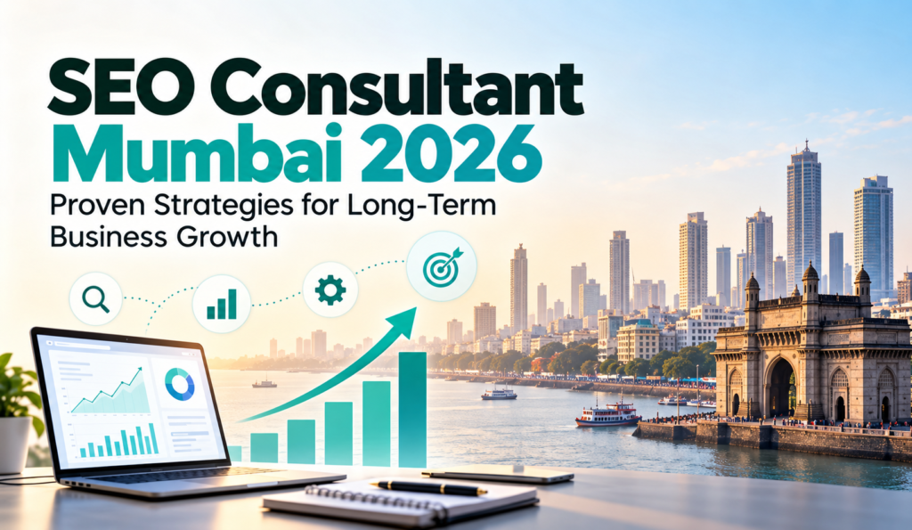 SEO Consultant Mumbai 2026 featuring digital marketing analytics and Mumbai skyline.